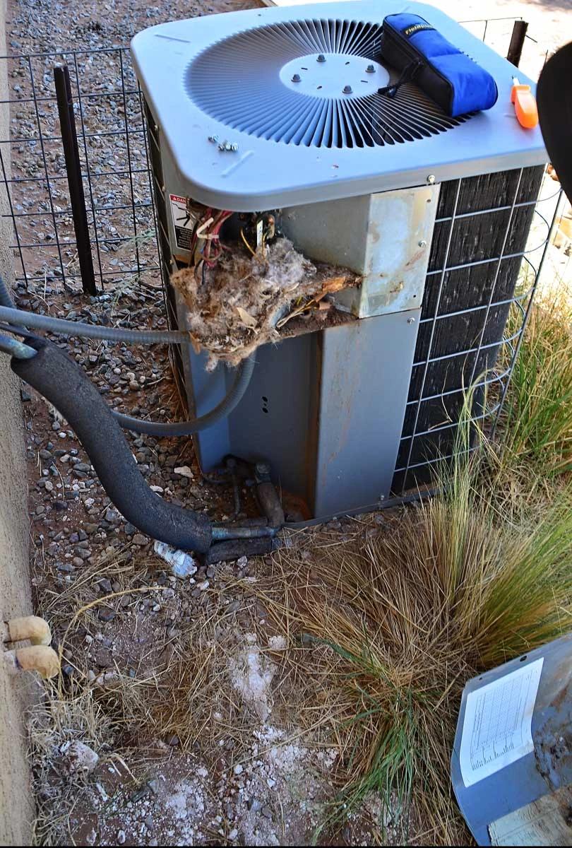 Outdoor air conditioning unit with a bird's nest and debris packed into its side