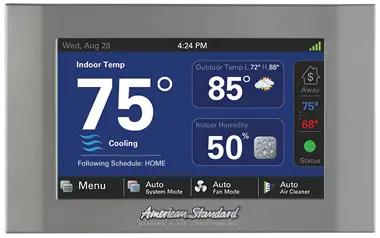 American Standard smart thermostat showing 75 degrees inside, 85 outside and 50 percent humidity