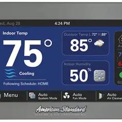 American Standard smart thermostat showing 75 degrees inside, 85 outside and 50 percent humidity