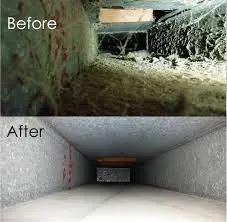 Before-and-after view inside an air duct, dirty then cleaned