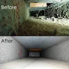 Before-and-after view inside an air duct, dirty then cleaned