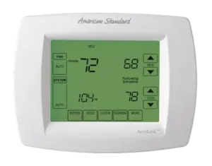American Standard programmable thermostat showing 72 degrees inside and a running schedule