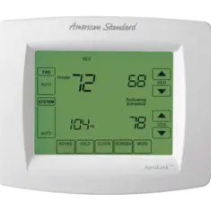 American Standard programmable thermostat showing 72 degrees inside and a running schedule