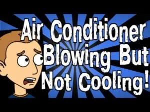 Cartoon of a worried man with the words "Air Conditioner Blowing But Not Cooling!"