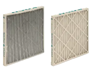 A dirty pleated air filter next to a clean one