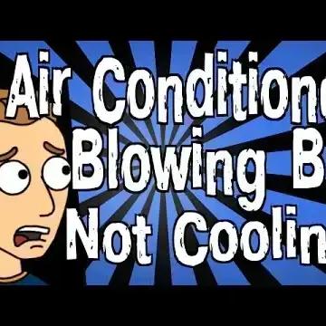 Cartoon of a worried man with the words "Air Conditioner Blowing But Not Cooling!"