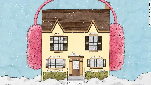 Illustration of a snowy house wearing pink earmuffs
