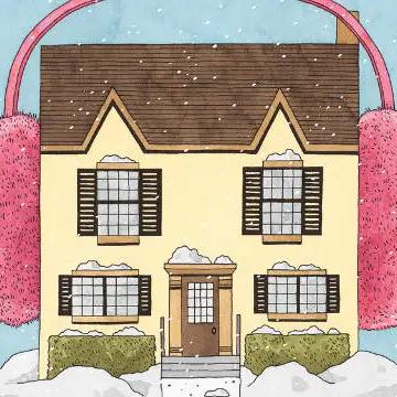 Illustration of a snowy house wearing pink earmuffs