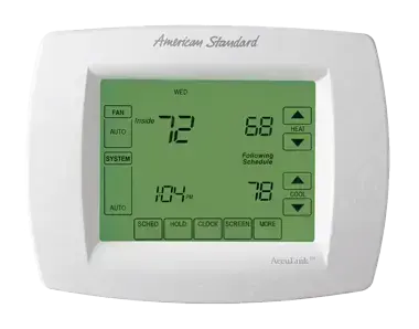American Standard programmable thermostat showing 72 degrees inside and a running schedule