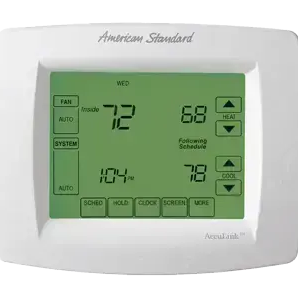 American Standard programmable thermostat showing 72 degrees inside and a running schedule