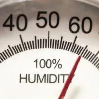 Close-up of a humidity gauge with the needle near 60 percent