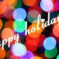 "Happy holidays!" written over colorful bokeh lights