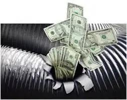 Dollar bills spilling out of a torn flexible air duct