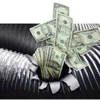 Dollar bills spilling out of a torn flexible air duct