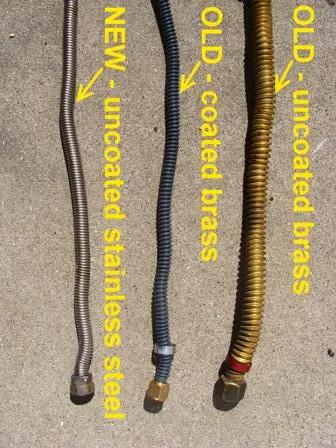 Three gas appliance connectors compared: old uncoated brass, old coated brass and new uncoated stainless steel