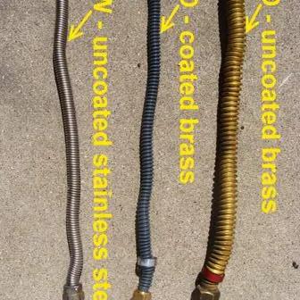 Three gas appliance connectors compared: old uncoated brass, old coated brass and new uncoated stainless steel