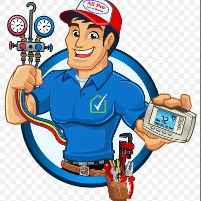 Cartoon All Pro technician holding a thermostat and refrigerant gauges