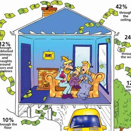 Cartoon of a family in a drafty house with money flying out through the ceiling, walls, windows and floor