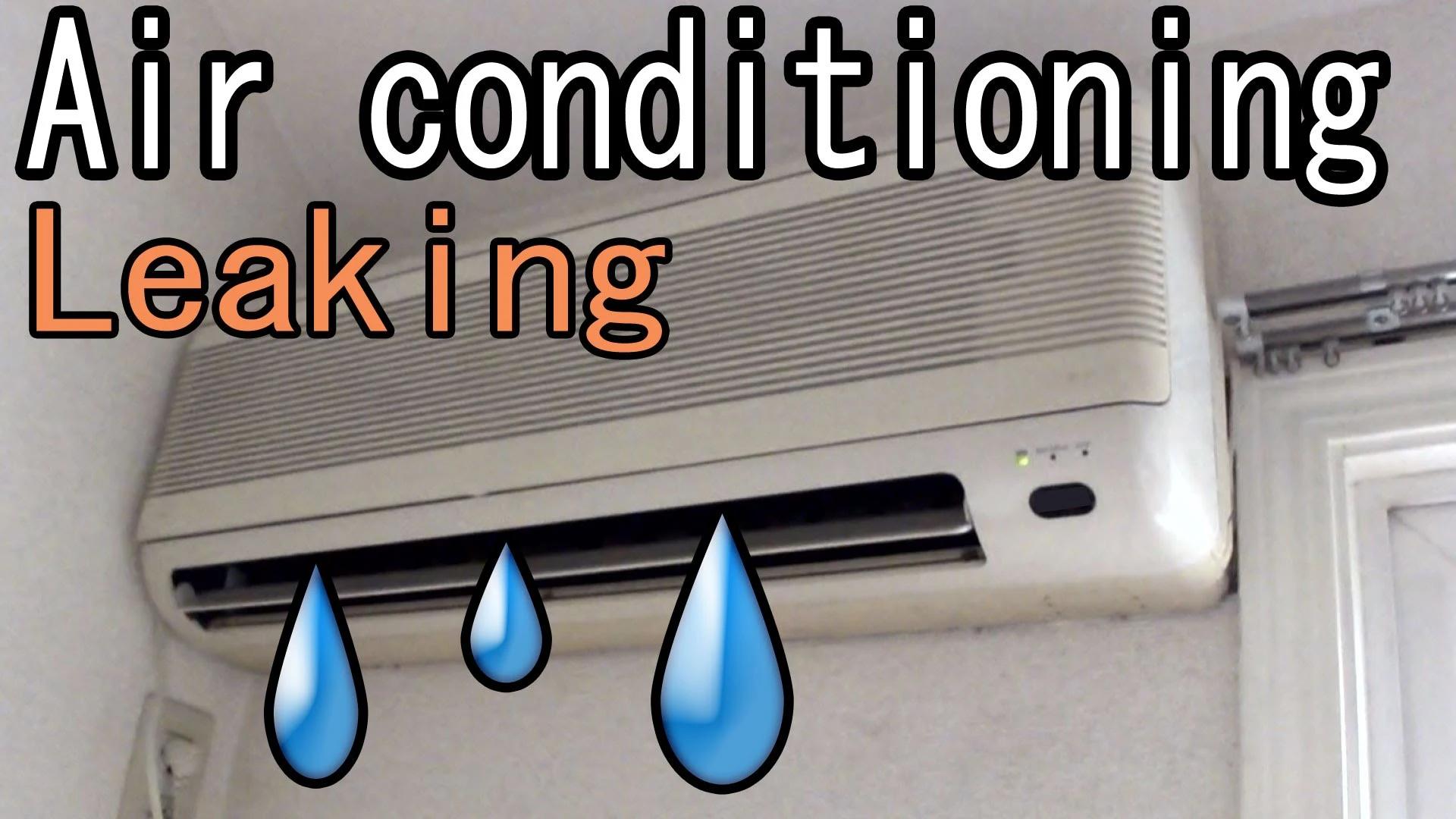 Wall-mounted air conditioner with water drops beneath it and the words "Air conditioning leaking"