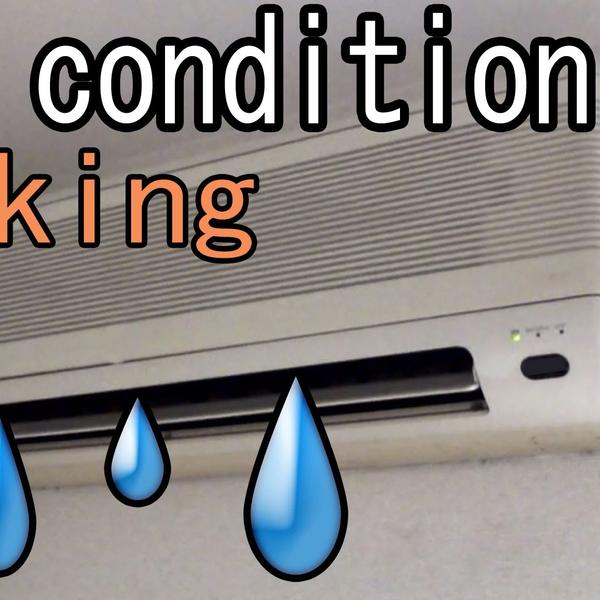 Wall-mounted air conditioner with water drops beneath it and the words "Air conditioning leaking"