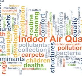 Word cloud of indoor air quality terms such as pollution, ventilation, filtration and health