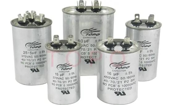 Group of cylindrical HVAC run capacitors of different sizes