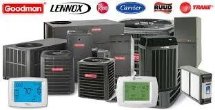 Lineup of HVAC units and thermostats from Goodman, Lennox, Rheem, Carrier, Ruud and Trane