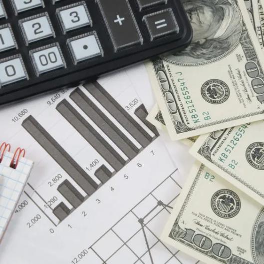 Calculator, notebook, bar chart and US dollar bills on a desk