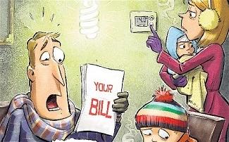 Cartoon of a shocked man holding a bill while his family shivers in coats and hats indoors
