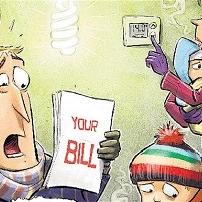 Cartoon of a shocked man holding a bill while his family shivers in coats and hats indoors