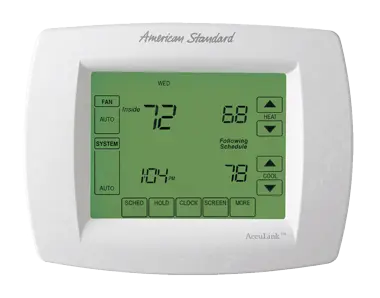 American Standard programmable thermostat showing 72 degrees inside and a running schedule