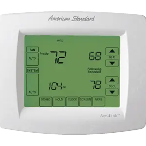 American Standard programmable thermostat showing 72 degrees inside and a running schedule