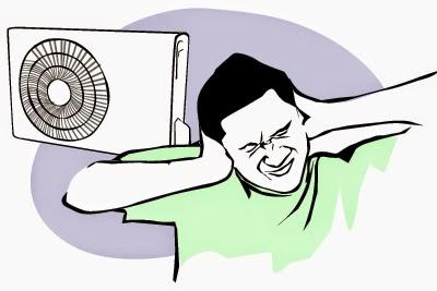 Cartoon of a man covering his ears beneath a noisy wall air conditioner