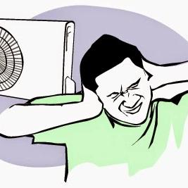 Cartoon of a man covering his ears beneath a noisy wall air conditioner