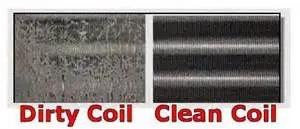Side-by-side comparison of a dirty air conditioner coil and a clean one