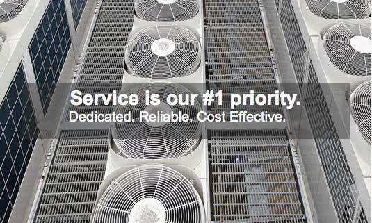 Rows of rooftop air conditioning fans with the words "Service is our #1 priority. Dedicated. Reliable. Cost Effective."