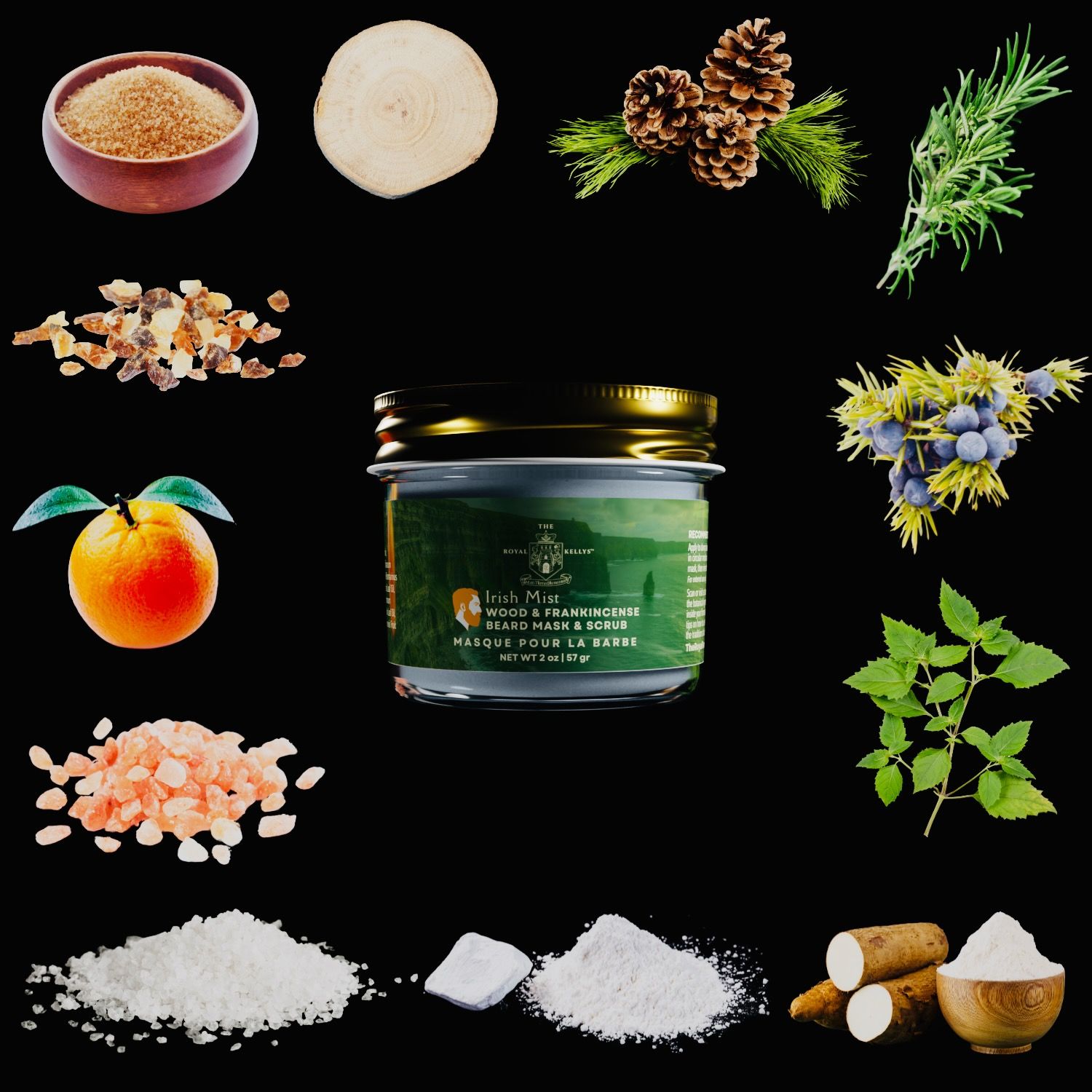 Irish Mist Beard Mask and Facial Scrub surrounded by ingredients