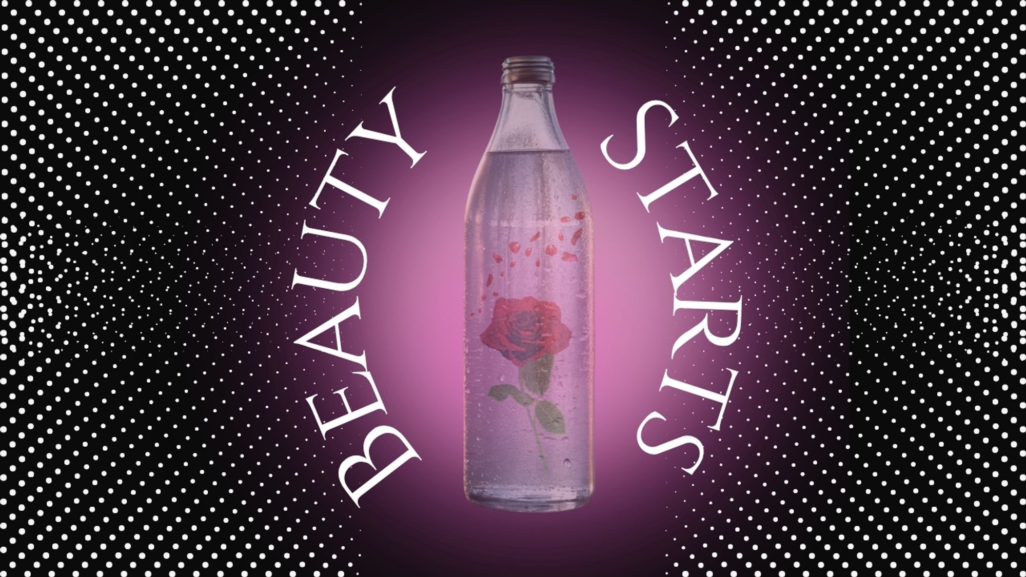 A glass bottle with the words Beauty Starts