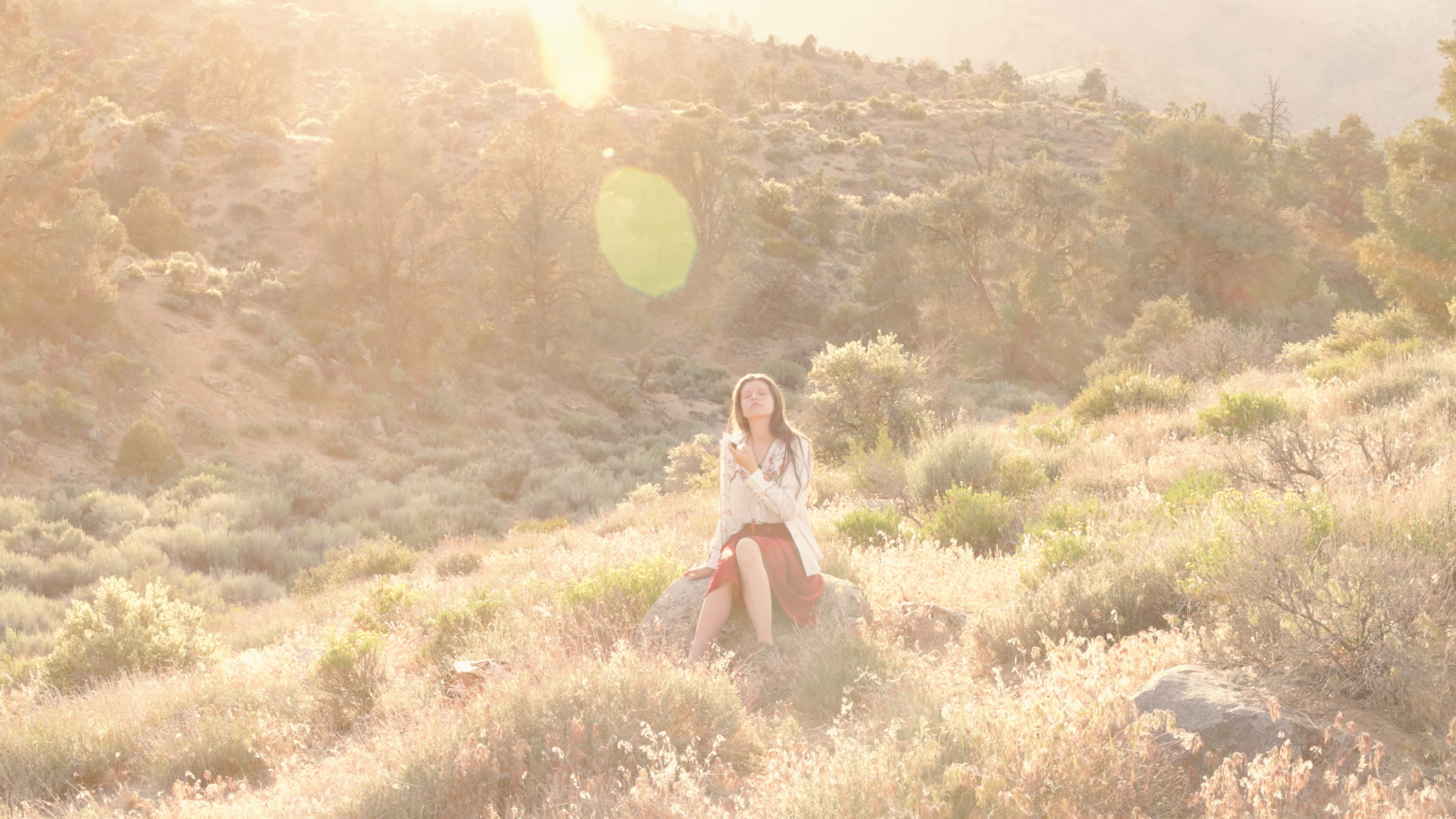 Young woman sitting in a meadow.