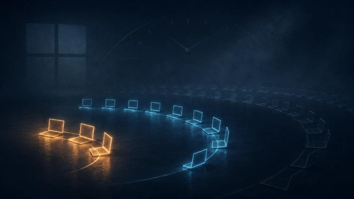 Three concentric arcs of glowing laptops representing the pilot, early adopter, and broad patch rings.