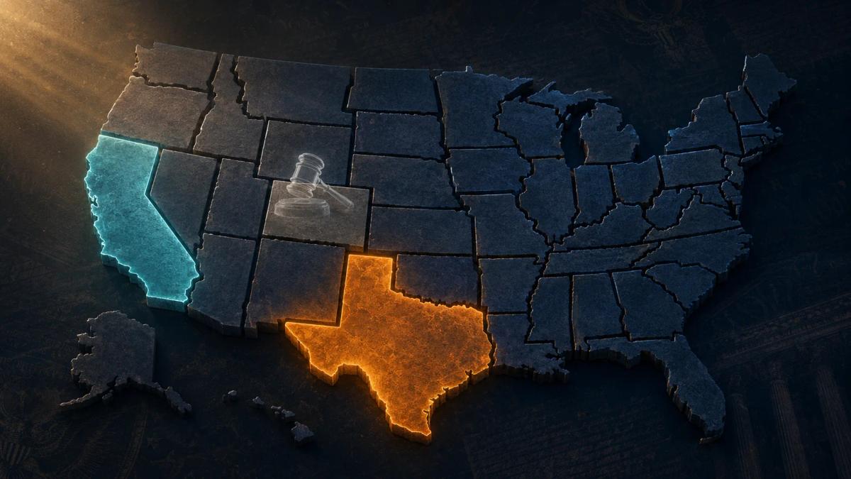 Stylized US state map with Texas, California, and Colorado highlighted to show fragmented AI law enforcement.