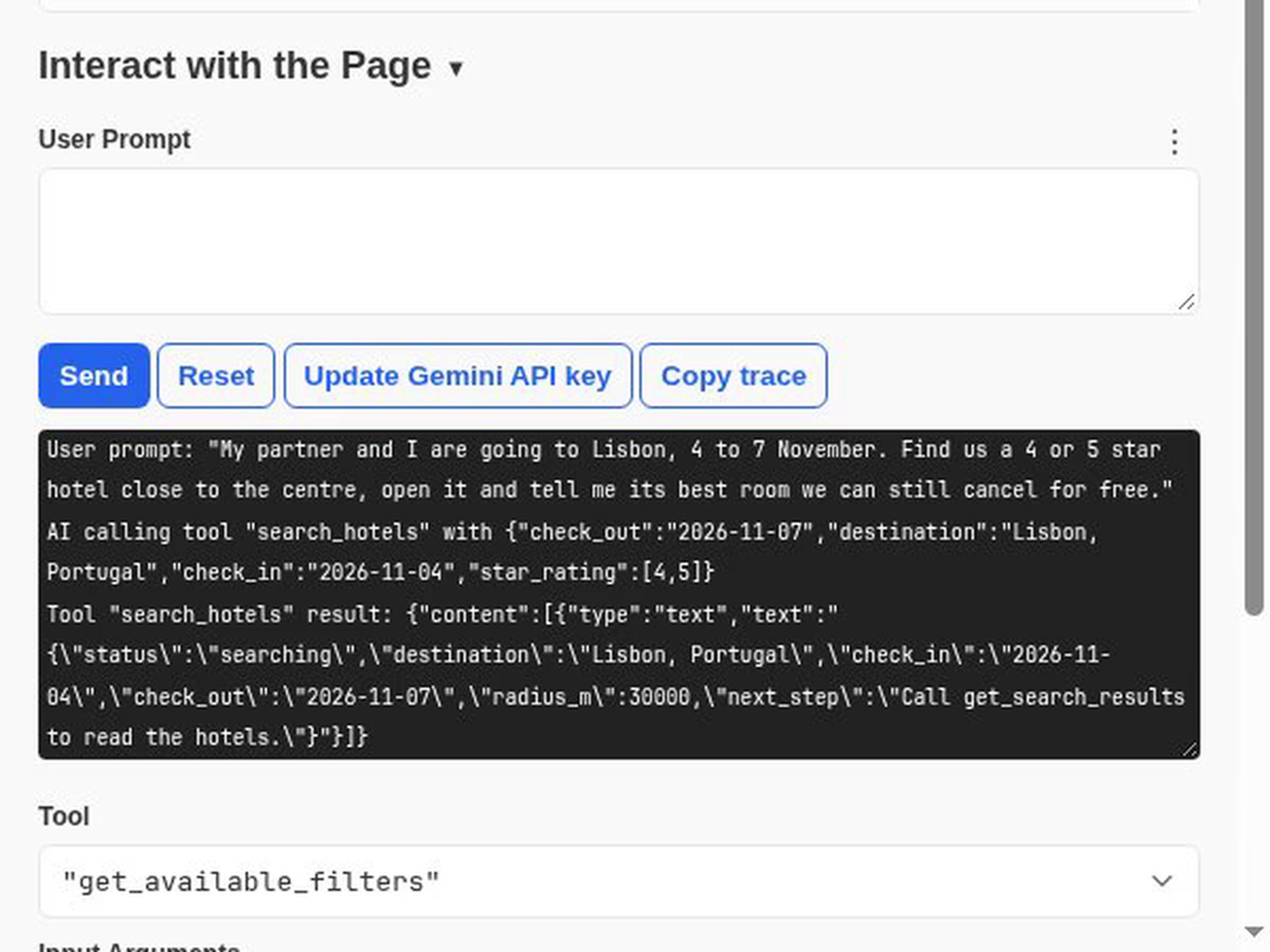 The Model Context Tool Inspector log showing Gemini calling the search_hotels tool for Lisbon with 4 and 5 star hotels