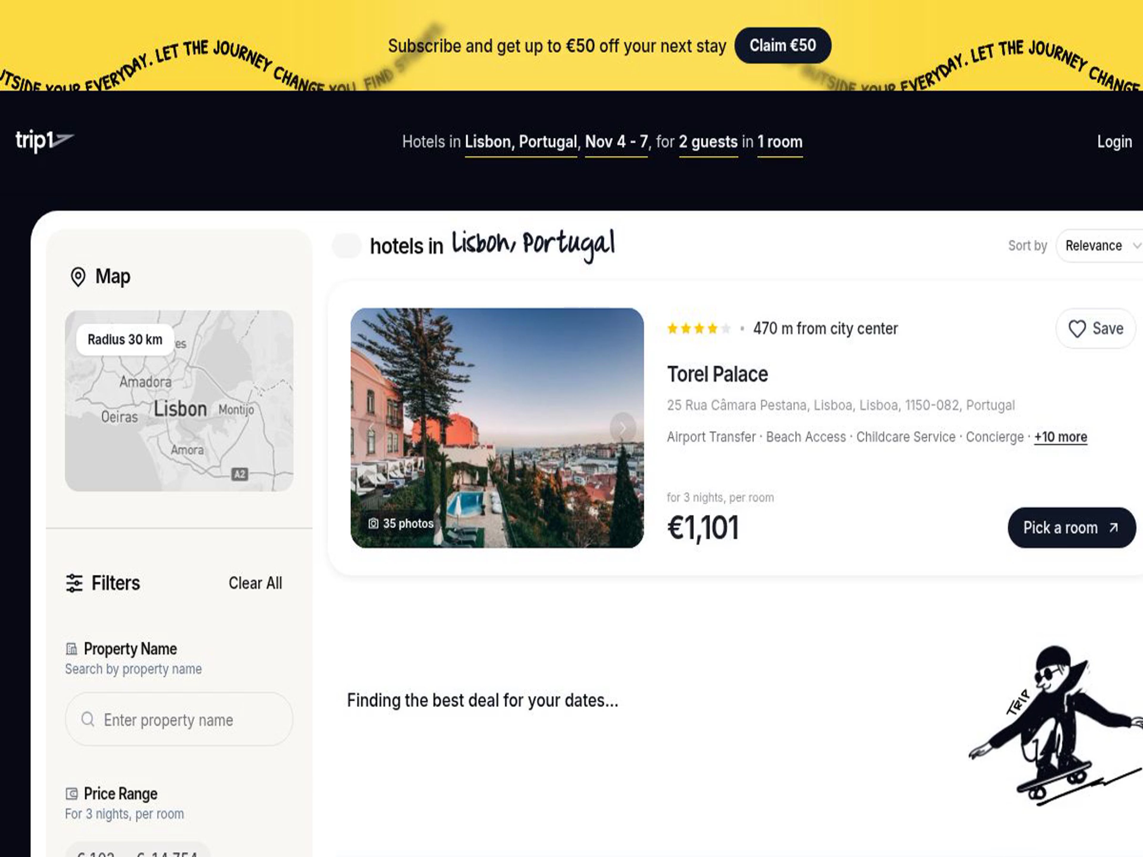 trip1's Lisbon search results page, loaded by the agent, showing live hotel prices