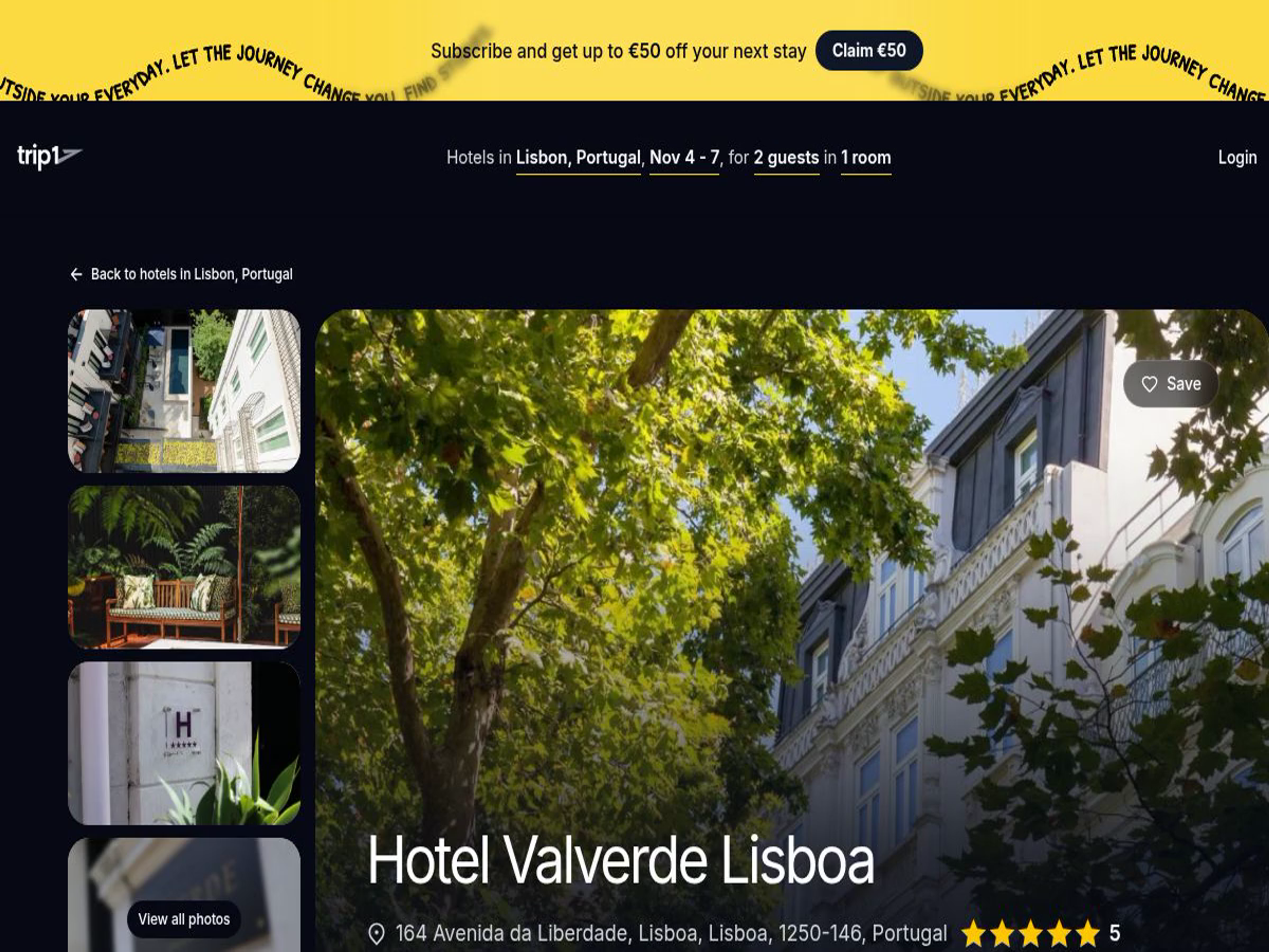 The Hotel Valverde Lisboa page on trip1, opened by the agent