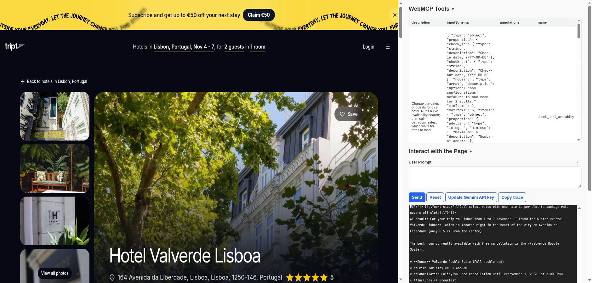 Gemini planning a Lisbon stay on trip1.com through WebMCP: the live hotel page beside the Model Context Tool Inspector