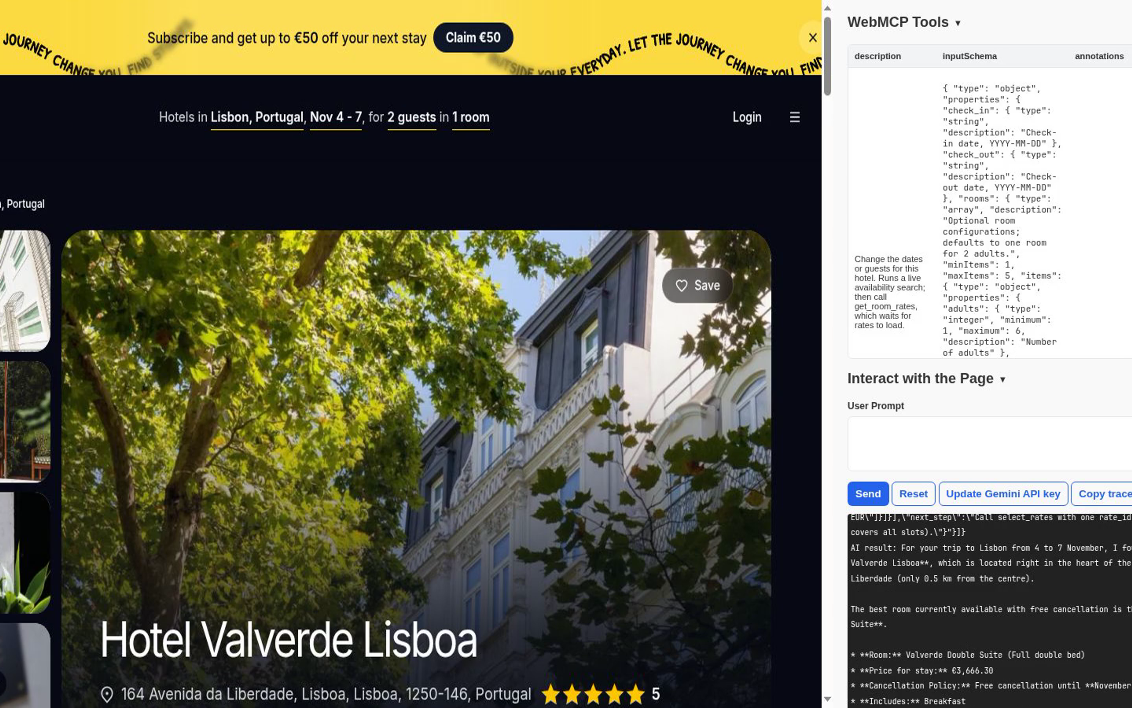 Gemini planning a Lisbon stay on trip1.com through WebMCP: the live hotel page beside the Model Context Tool Inspector