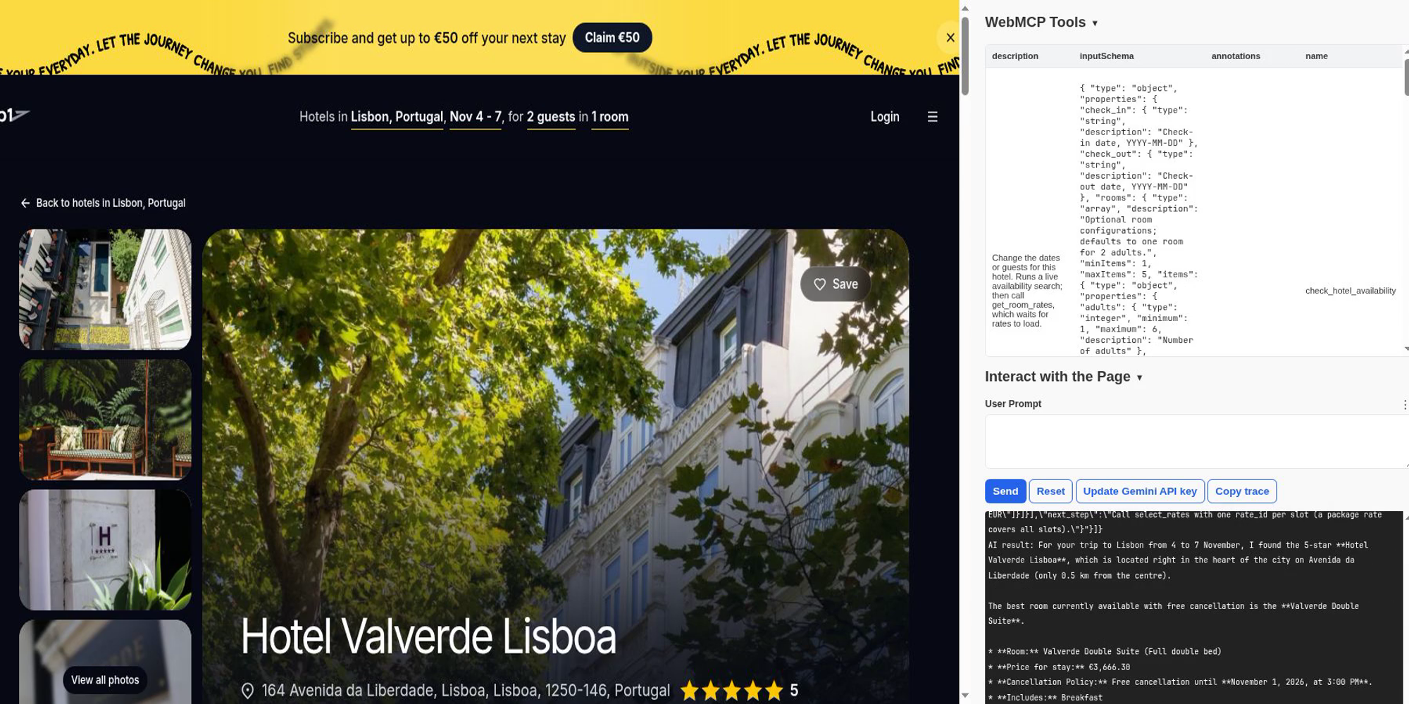 Gemini planning a Lisbon stay on trip1.com through WebMCP: the live hotel page beside the Model Context Tool Inspector