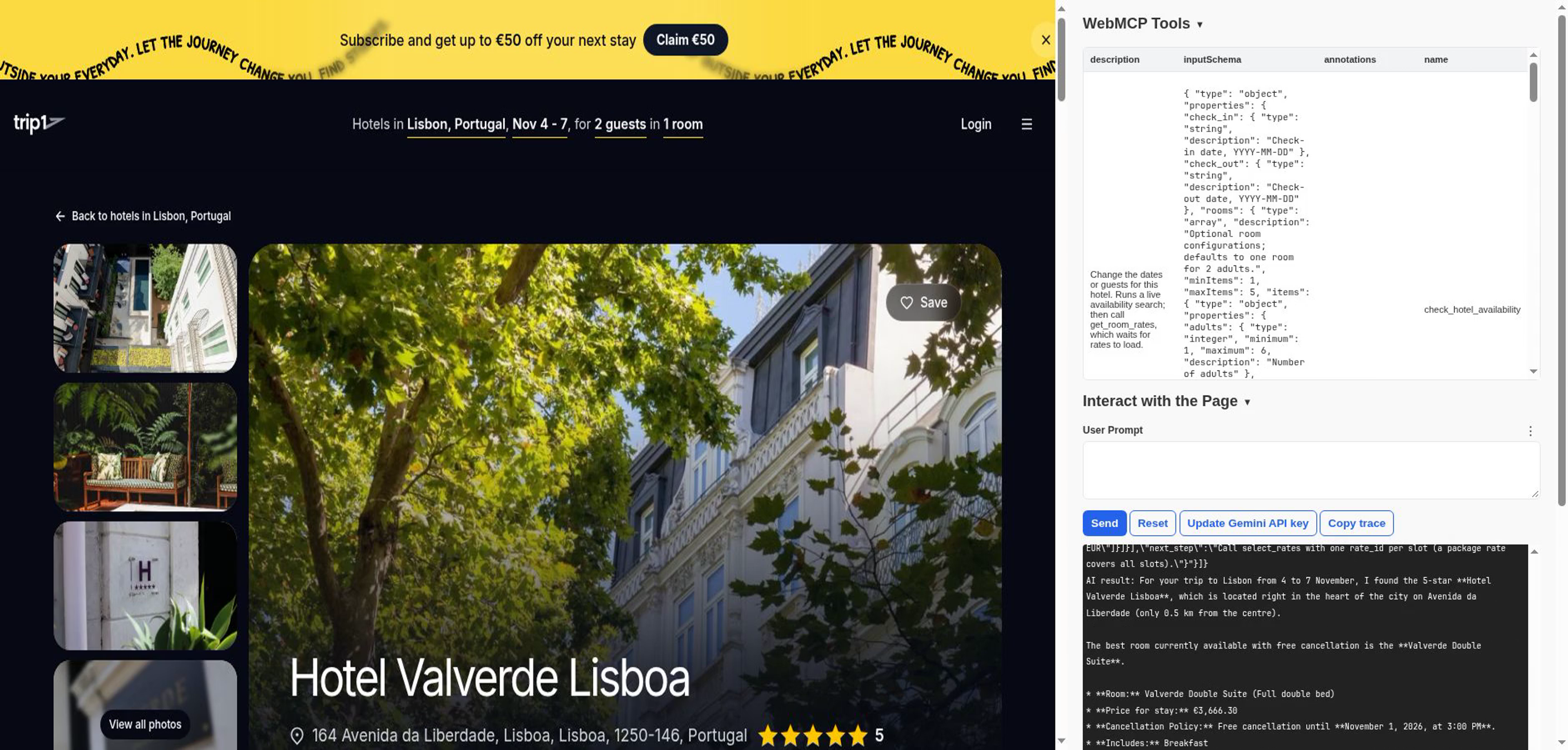 Gemini planning a Lisbon stay on trip1.com through WebMCP: the live hotel page beside the Model Context Tool Inspector