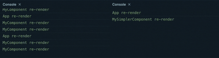 Console showing logs of rerenders highlighting double rendering in MyComponent