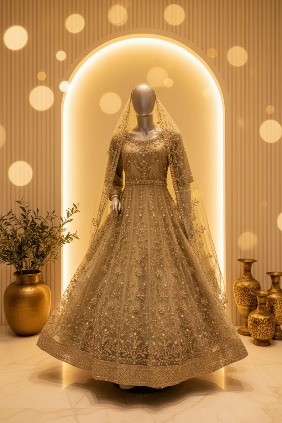 Sage Green Net Anarkali Gown | Gold Silver Sequin Embroidery with Veil — view 4 — Bridal by Bawany Threads & Style